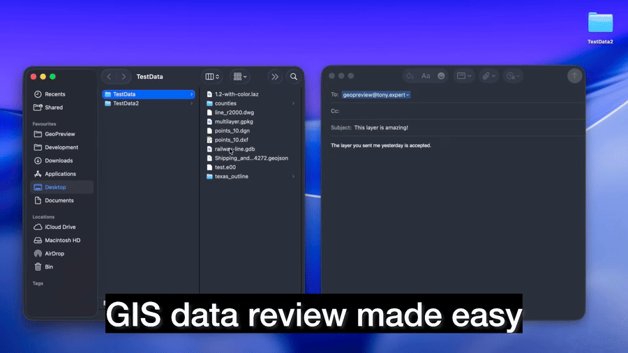 Animated preview of GeoPreview reviewing GIS data locally in Finder.