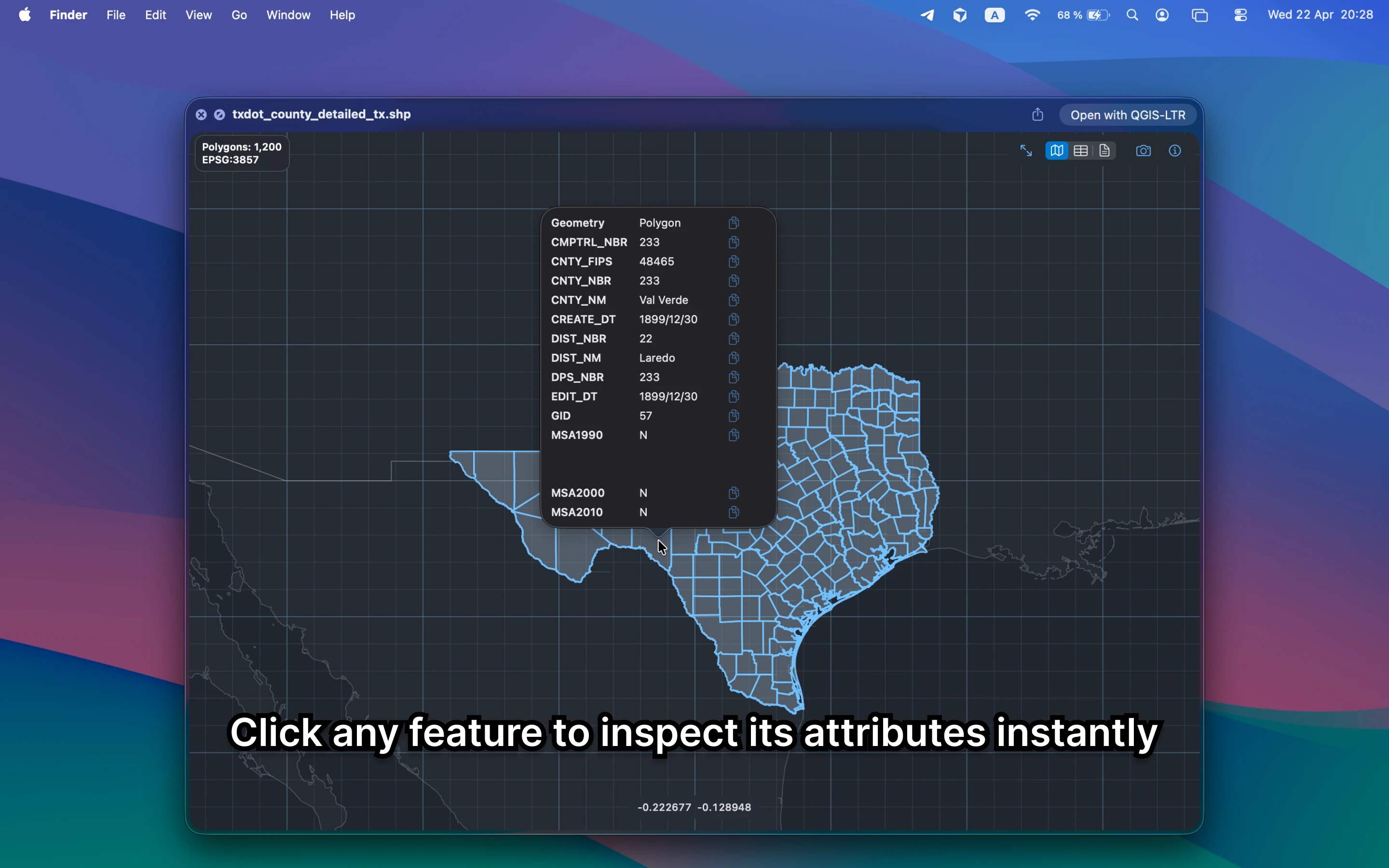 GeoPreview inspecting feature attributes on a map.