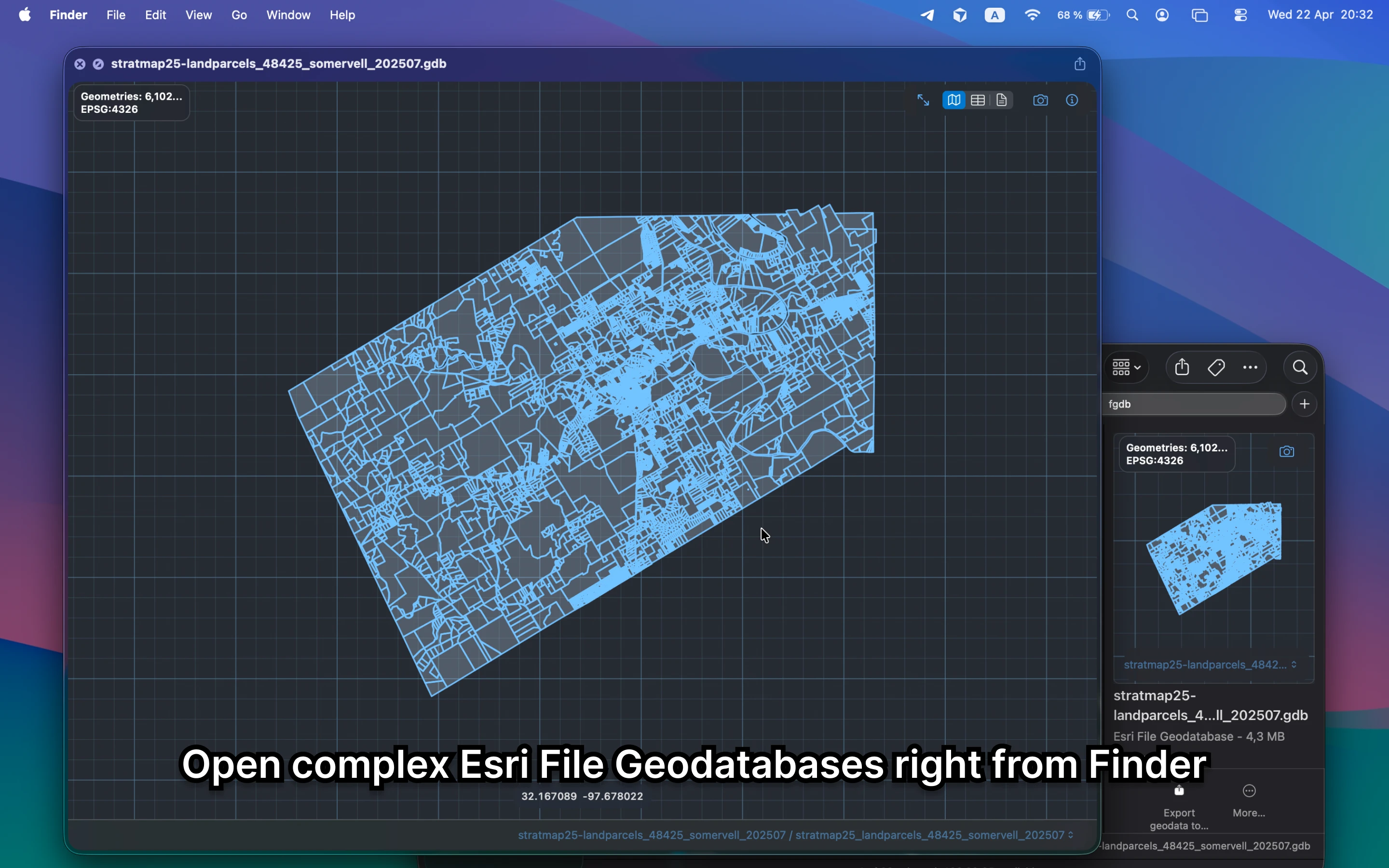 GeoPreview opening an Esri File Geodatabase in Finder on macOS.